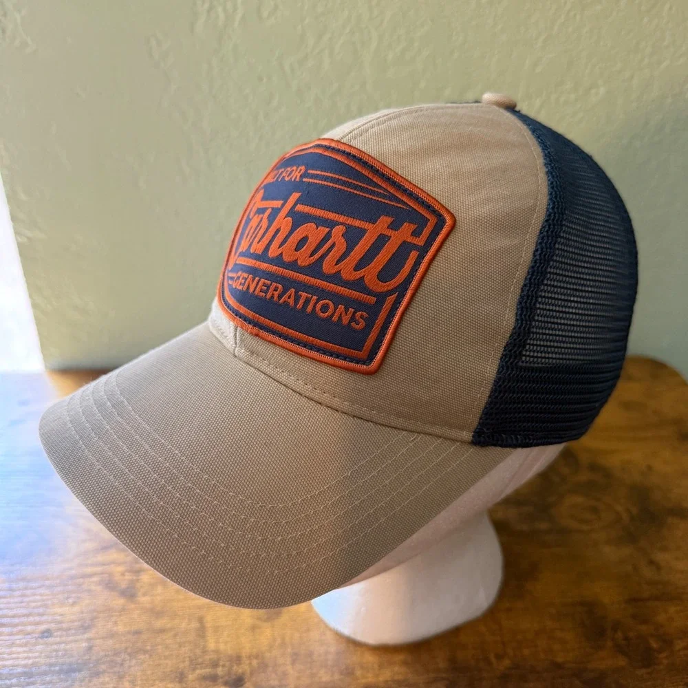 Carhartt Generations Trucker Hat Mens Tan Navy Blue Mesh Snapback Cap Retro Look